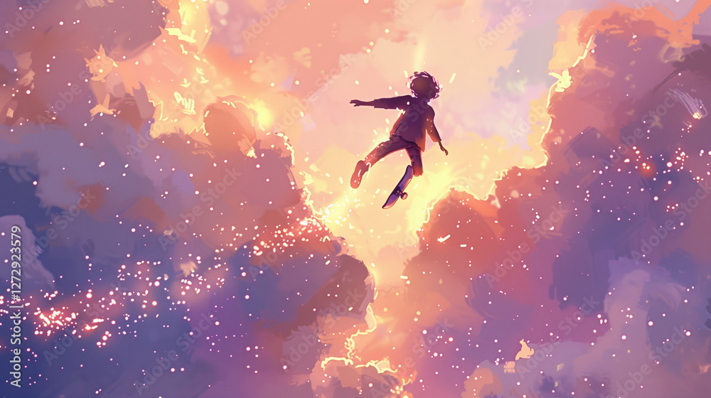 Obraz premium A dreamy scene of a skateboarder soaring through a pastel sky, leaving a trail of sparkling, hand-drawn animation behind, blending fantasy and freedom.