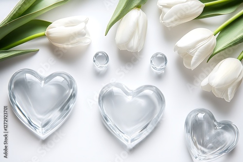 Sleek Women's Day design featuring crystal-clear hearts and minimalist white tulips on a pure white background.