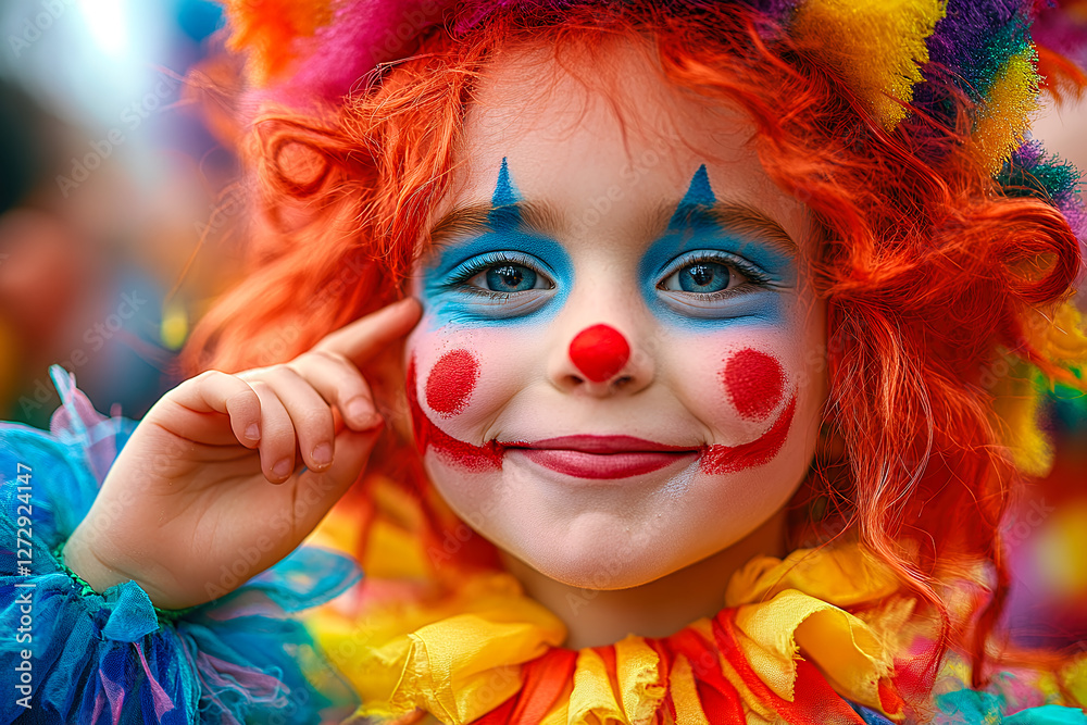 Child in clown costume smiles happily Child in clown costume smiles happily