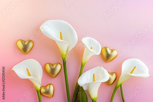 Sophisticated Women's Day banner featuring calla lilies and gold hearts against a pink ombre background.
