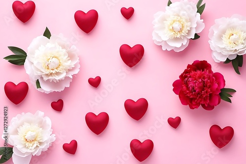 Sophisticated Women's Day banner with chic hearts and photorealistic peonies on an elegant pink background.