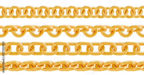 Golden chains collection with different link sizes - shiny metallic jewelry patterns isolated on transparent background. Luxury interconnected elements. Decorative borders for fashion design.