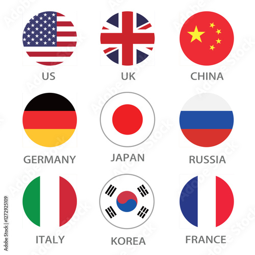 United States, United Kingdom, China, Russia, Germany, Japan, South Korea, Italy and France circle flag logo icon digital vector illustration Free Download United States, United Kingdom, China, Russia, Germany, Japan, South Korea, Italy and France circle flag logo icon digital vector illustration - GFXLoad