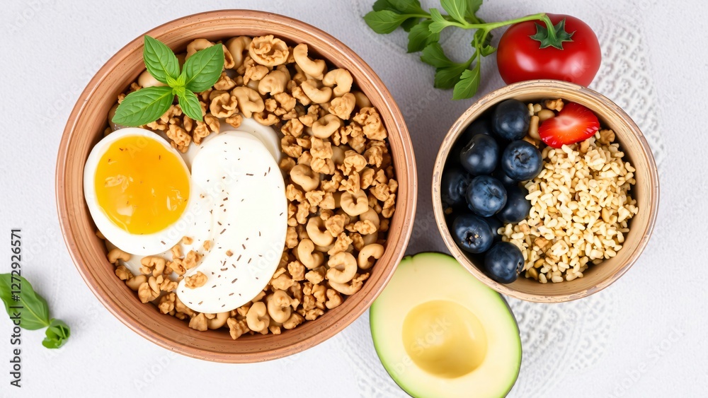 Healthy Breakfast Bowl with Yogurt, Granola, Egg, Berries, and Avocado Healthy Breakfast Bowl with Yogurt, Granola, Egg, Berries, and Avocado