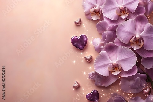 Stylish Women's Day design with orchids and sparkling hearts over a dusty rose background.