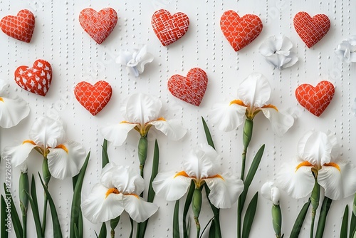 Stylish Women's Day poster with stylish heart patterns and stylish white irises on a fashionable white background.