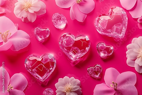 Stylized Women's Day design with crystal hearts and digital flowers on a neon pink backdrop.