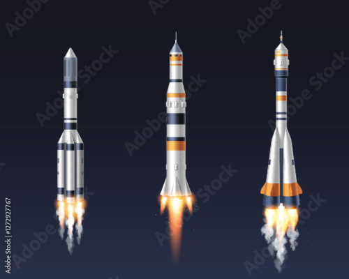 Realistic space rocket set of launching spaceships with burning engines and smoke trails on dark background. Detailed 3d white and orange vessels with metallic textures for aerospace projects.