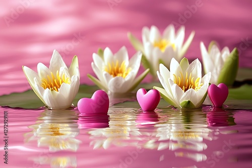 Tranquil Women's Day design with water lilies and reflective hearts on a serene pink lake.