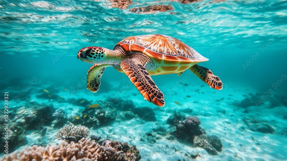 Fototapeta premium A majestic sea turtle gliding gracefully through crystal-clear turquoise waters, surrounded by colorful coral reefs and schools of fish, showcasing underwater beauty.