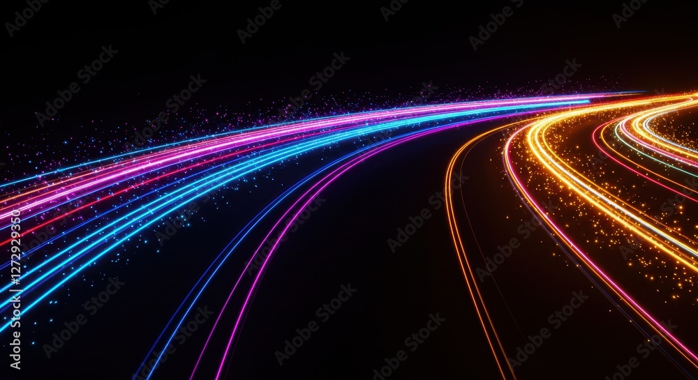 A vibrant representation of multicolored light trails curving dynamically against a dark background A vibrant representation of multicolored light trails curving dynamically against a dark background