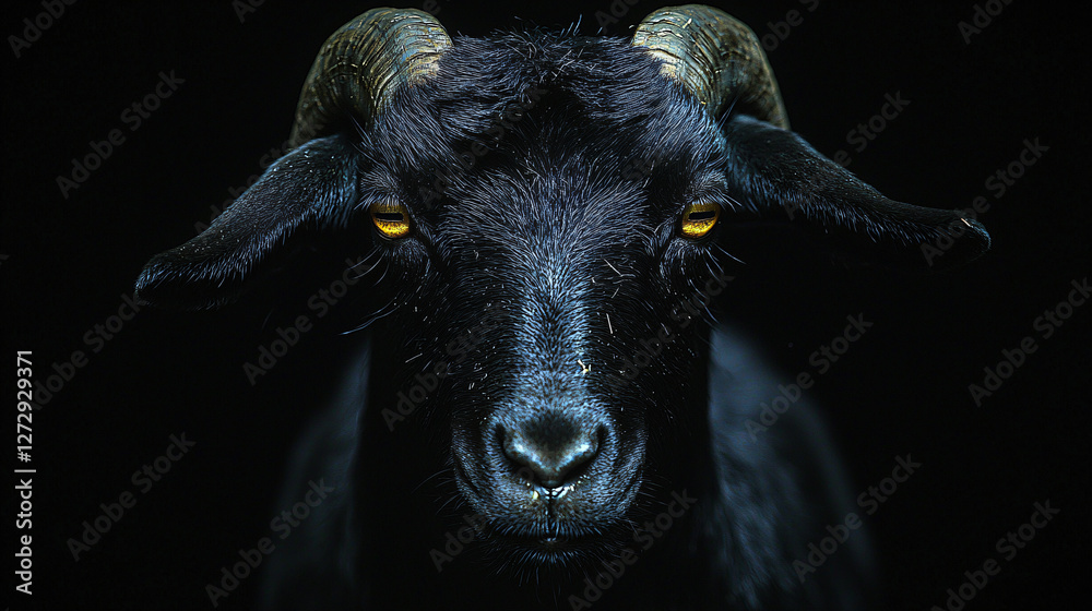 Black goat portrait dramatic lighting intense gaze golden eyes dark minimalist photography fine art close up striking expression moody aesthetic eerie surreal shadow contrast calm zen pet aura print Black goat portrait dramatic lighting intense gaze golden eyes dark minimalist photography fine art close up striking expression moody aesthetic eerie surreal shadow contrast calm zen pet aura print