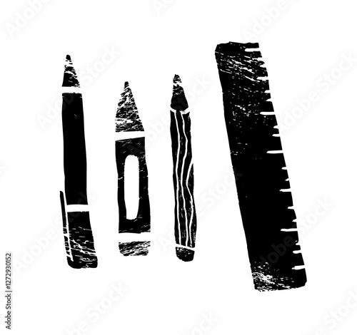 Ruler pencil and pen icon Black line art vector logo textured