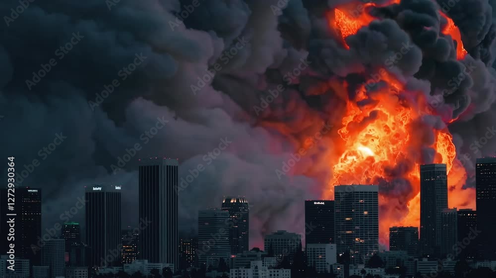 Huge fire in a metropolitan city, with towering flames and thick black smoke consuming the sky. The fire’s glow reflects off dark skyscrapers, creating an apocalyptic scene.