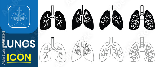 Human Lungs icon. Lungs vector silhouette set. Human Internal Organ. Body part element. Respiratory system healthy lungs anatomy symbols collection. Vector illustration.