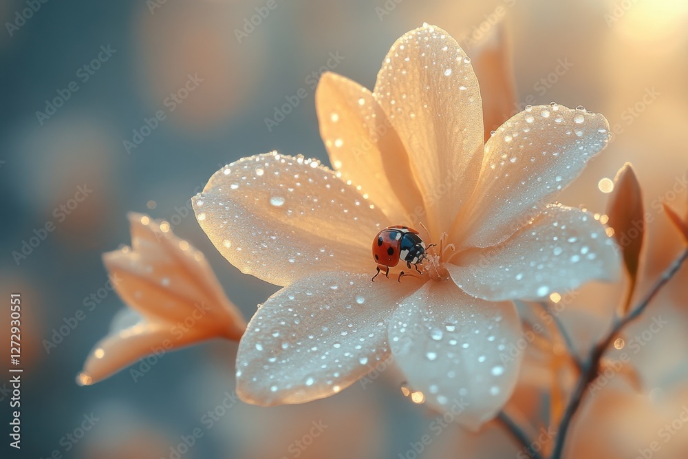 Fototapeta premium Ladybug rests on a blooming flower covered with dew in a soft morning light