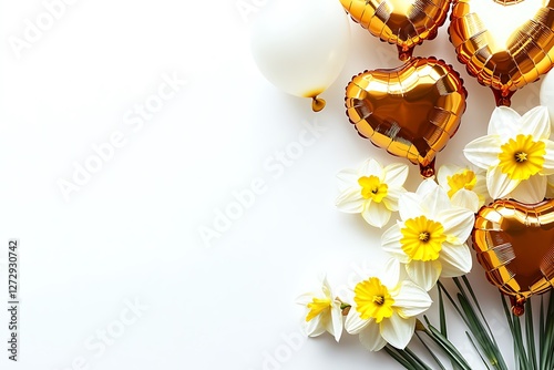 Uplifting Women's Day banner with uplifting heart balloons and uplifting white daffodils on an inspiring white background.