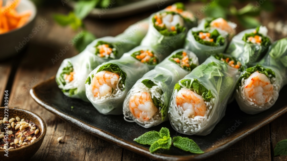 A platter of fresh spring rolls with rice paper wrappers, filled with shrimp, herbs, and vermicelli, served on a rustic wooden surface.