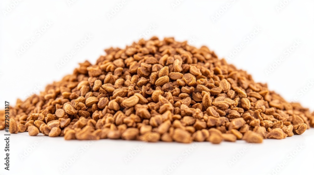 Closeup of Pile of Brown Seeds on White Background Highlighting Natural Texture and Organic Quality