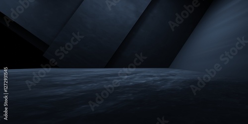 3d rendering of black hallway dark room spaceship background with abstract geometric. minimalist concept. Scene for advertising, showroom, technology, modern, sport, game, garage. Sci Fi Illustration