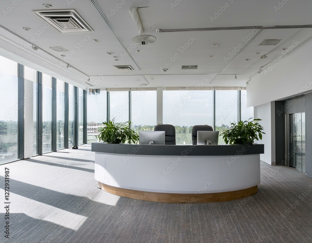 Fototapeta premium Front view on bright office reception interior with panoramic window