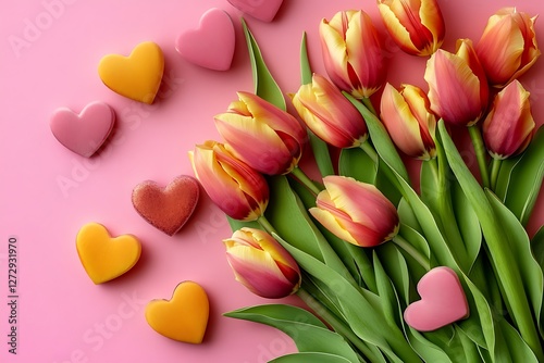 Vibrant poster for International Women's Day featuring a bouquet of tulips and sweet hearts on a pastel pink background.