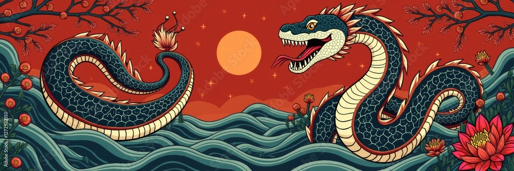 Obraz premium Vibrant and intricate illustration of a dragon surrounded by waves and flowers, ideal for cultural, fantasy, and artistic projects.