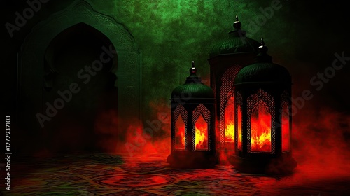 Ramadan lanterns glowing, mosque backdrop, red smoke, festive photo