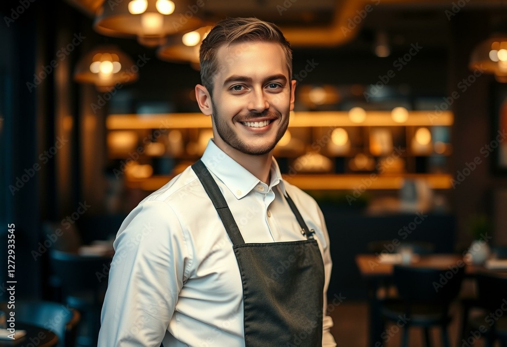 Obraz premium Photorealistic portrait of a male waiter in a modern restaurant setting