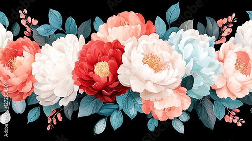 Colorful floral arrangement with vibrant peonies nature setting digital illustration colorful background artistic perspective
