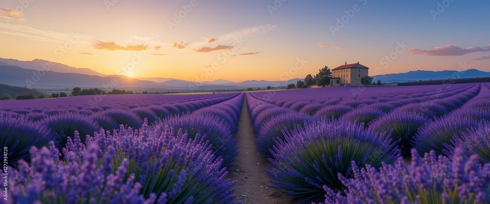 Fototapeta premium Lavender field at sunrise, rural landscape with a building on the horizon