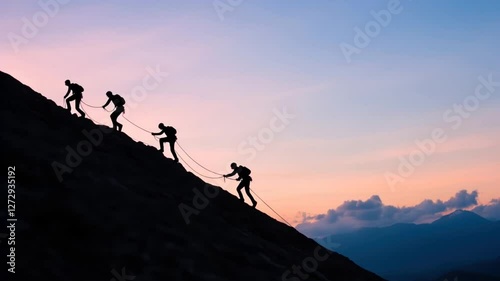A group of four people are climbing a mountain