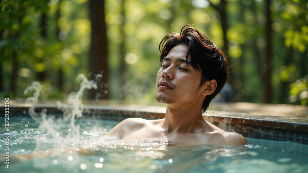 Fototapeta premium A man relaxes in a hot tub under trees