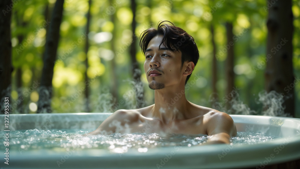 A man relaxes in a hot tub under trees A man relaxes in a hot tub under trees