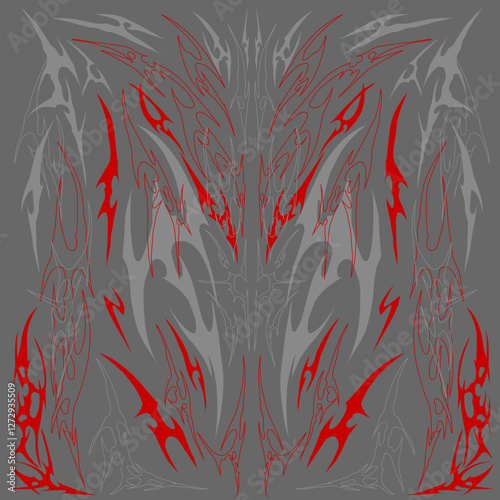 Abstract tribal tattoo vector with aggressive red and gray symmetrical patterns. Perfect for gothic, metal, and dark-themed designs