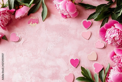 Vintage-style Women's Day banner with pink peonies and retro heart stickers on a textured pink surface.