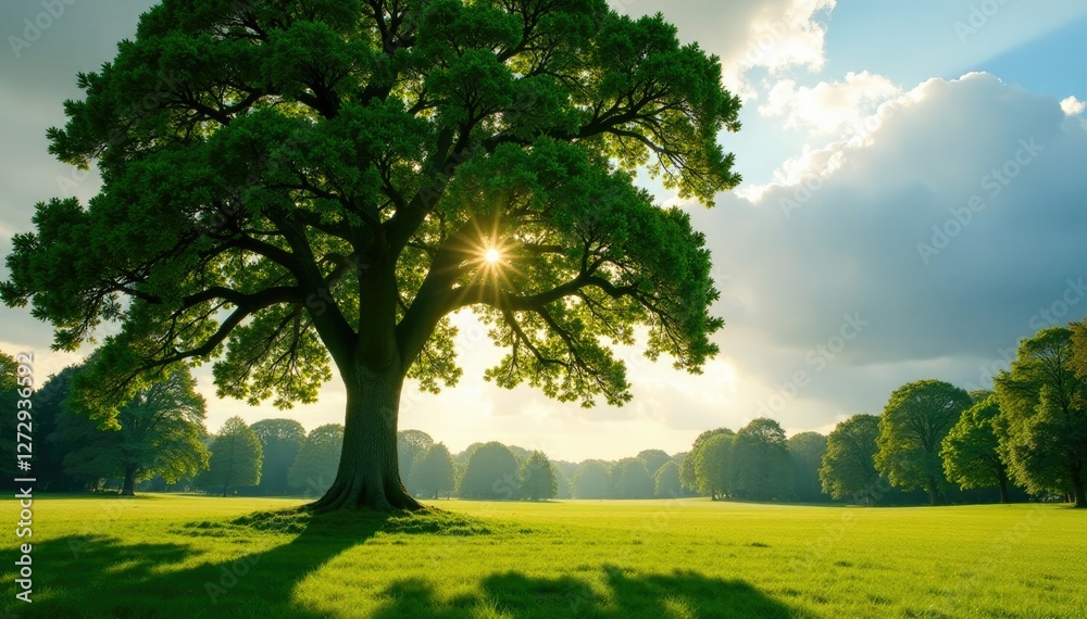 A tree's branches are highlighted by sunlight amidst cloudy skies in an English parkland, tree, atmosphere A tree's branches are highlighted by sunlight amidst cloudy skies in an English parkland, tree, atmosphere