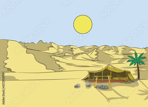 Camp in Desert with tent and sun vector illustration - Desert - Arab
