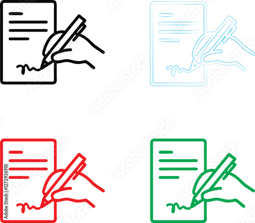Simple icon set, hand holding pen, writing document, minimalist design, black and white, red and green variations, line drawing style, business concept, note-taking illustration, contract signing symb