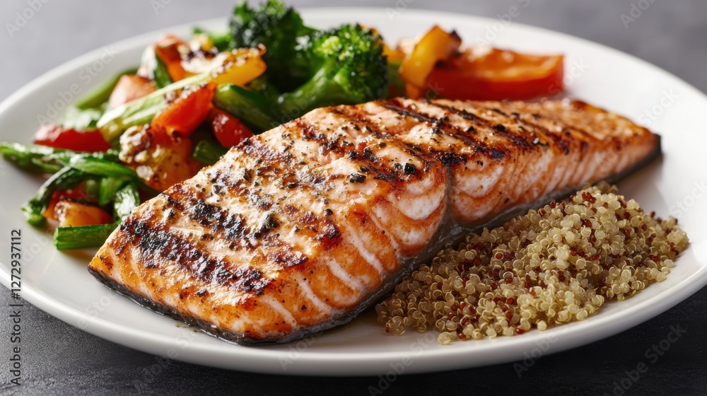 A heart-healthy grilled salmon served with quinoa and steamed vegetables. Featuring nutritious meals and wellness A heart-healthy grilled salmon served with quinoa and steamed vegetables. Featuring nutritious meals and wellness