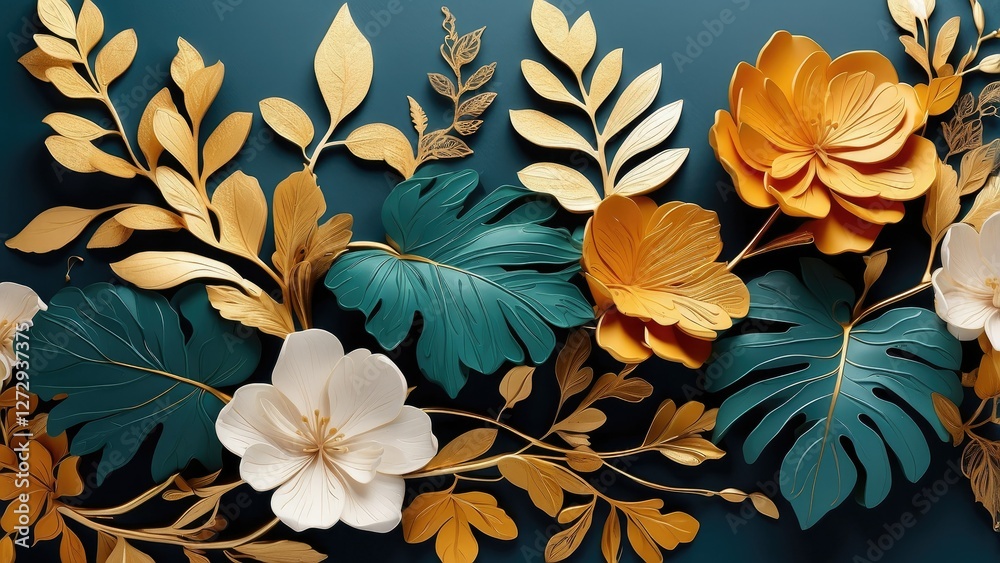 Fototapeta premium Elegant Green Summer Background with Golden Metallic Wall Art - Vector Design
