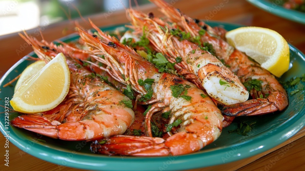 A vibrant plate of perfectly grilled shrimp, garnished with fresh herbs and lemon wedges, presented on a rustic wooden table, showcasing a mouthwatering seafood dish. A vibrant plate of perfectly grilled shrimp, garnished with fresh herbs and lemon wedges, presented on a rustic wooden table, showcasing a mouthwatering seafood dish.