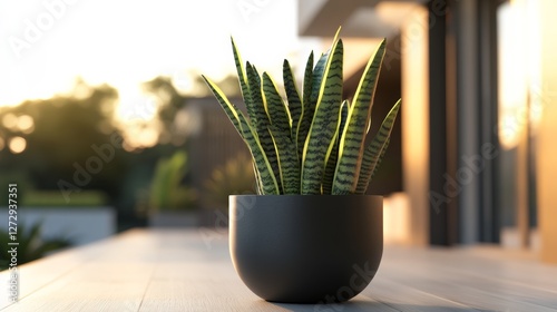 Elegant long round fiberstone planter, matte black finish, filled with vibrant green snake plants