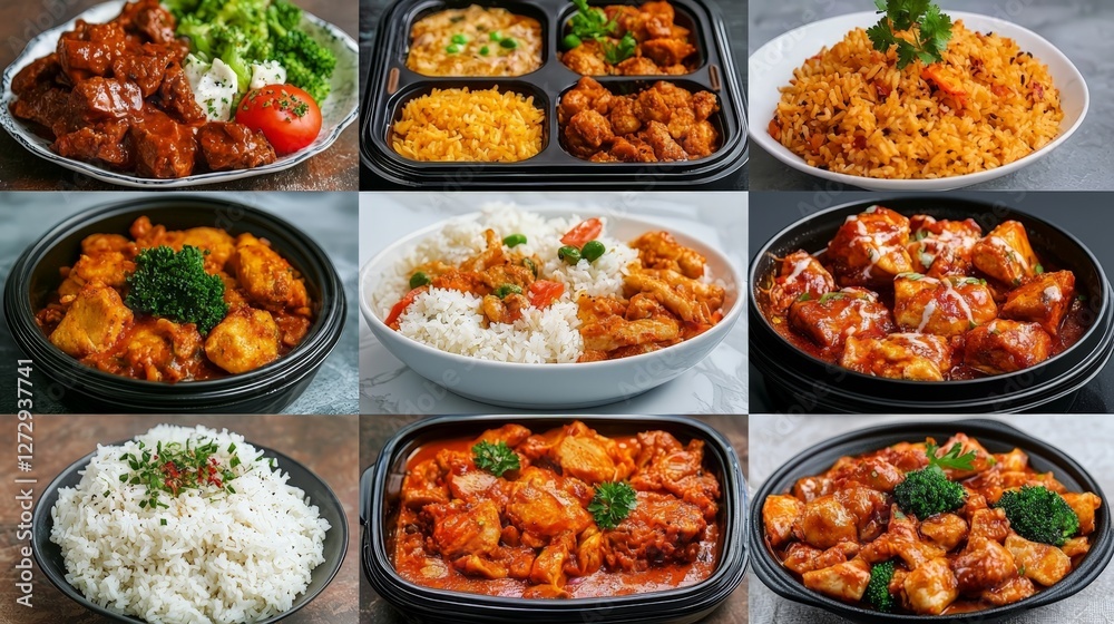 Diverse Selection of Tasty Meals Featuring Rice, Chicken, and Flavorful Sauces Diverse Selection of Tasty Meals Featuring Rice, Chicken, and Flavorful Sauces