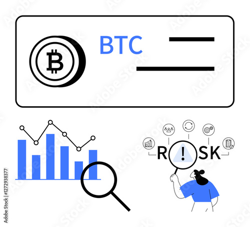 Bitcoin icon, bar chart with magnifying glass, and woman analyzing risk. Ideal for cryptocurrency trends, risk management, investment analysis, data insights, financial literacy, market volatility