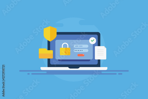 Website Security, folder and file document with password protection, secure login access interface on laptop screen, cyber technology concept.