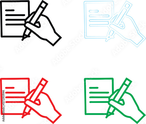 Simple icon set, hand holding pen, writing document, minimalist design, black and white, red and green variations, line drawing style, business concept, note-taking illustration, contract signing symb