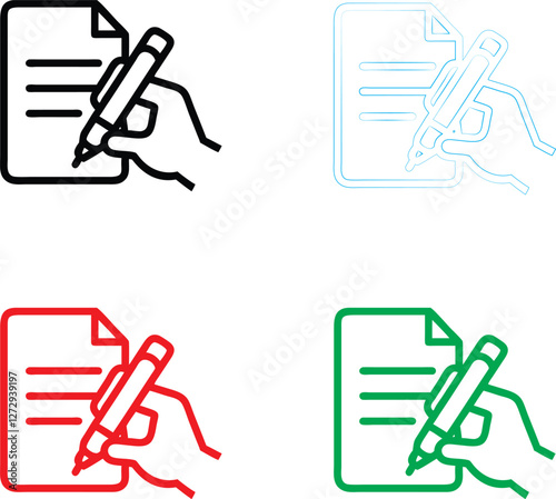 Simple icon set, hand holding pen, writing document, minimalist design, black and white, red and green variations, line drawing style, business concept, note-taking illustration, contract signing symb