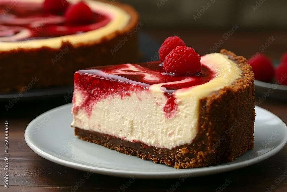 Raspberry swirl cheesecake slice on plate Raspberry swirl cheesecake slice on plate