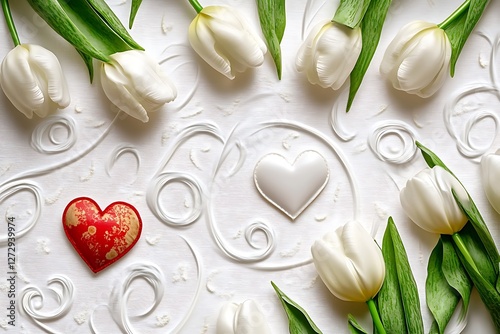 Whimsical Women's Day design with whimsical heart swirls and whimsical white tulips on a fanciful white canvas.